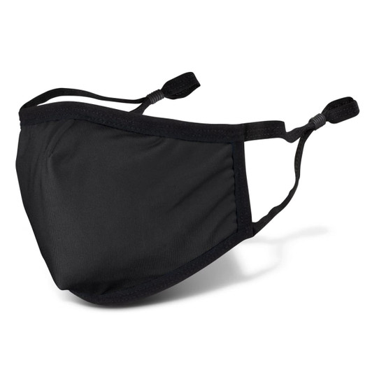 A black reusable cotton face mask with adjustable ear straps and a branded logo.