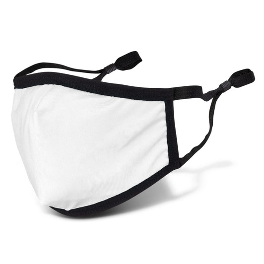 A premium reusable face mask in white with black trim and adjustable straps, featuring a logo.