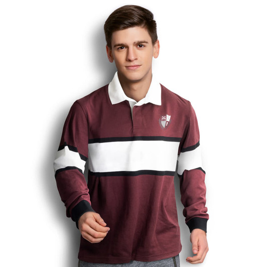 A maroon and white custom rugby shirt with a collar and a logo on the chest.