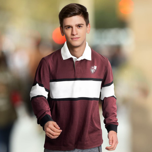 A custom rugby shirt in maroon with white and black stripes, featuring a logo on the chest.