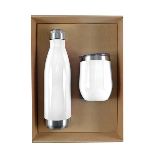 A drink bottle and a cup in white, presented in a cardboard gift set. Both feature stainless steel accents.