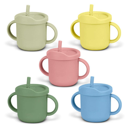 A drink bottle set featuring five sipper cups in green, yellow, pink, and blue with handles and straws.
