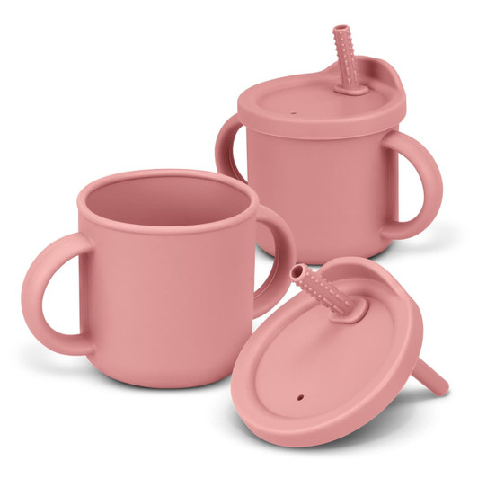 A drink bottle in soft pink, featuring two cups with handles and removable lids, each with a spout.