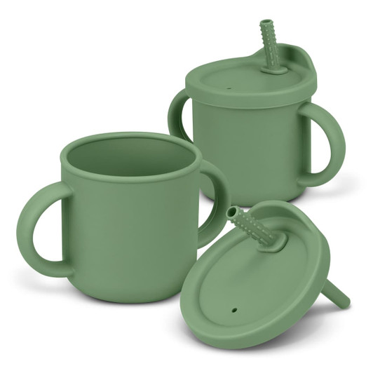 A drink bottle set featuring two green sipper cups with handles and removable lids.