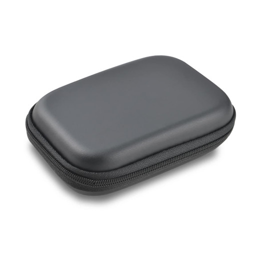 A black, hard-shell case with a textured surface and a zipper closure.