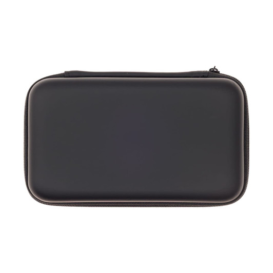 A black, rectangular hard case with a zip closure, suitable for storing electronic devices or accessories.