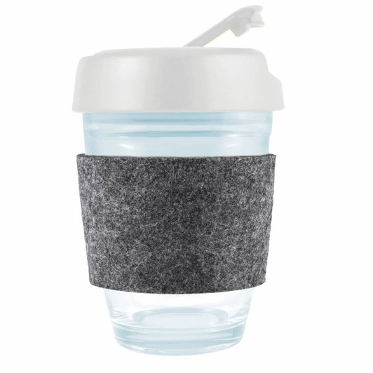 A reusable coffee cup featuring a transparent body, a white flip lid, and a gray RPET band for grip.
