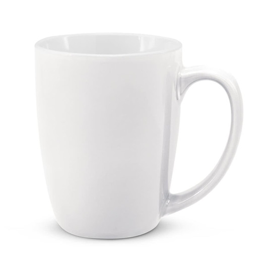 A white coffee mug with a sleek design and a comfortable handle, perfect for enjoying beverages.