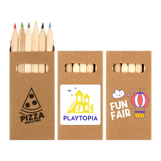 A coloured pencil set featuring wooden pencils in various colors, packaged in a kraft paper box with branding.