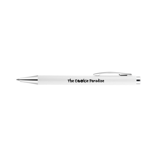 A white plastic pen with a silver clip and an accompanying logo.