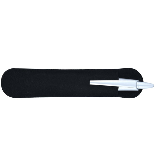 A bamboo pen with a white tip, resting in a black sleeve. The product features a simple, sleek design.