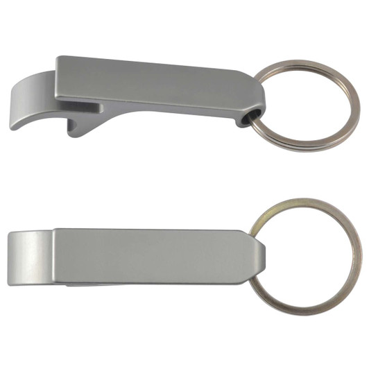 A drink bottle opener in sleek silver metal, featuring a keyring attachment for convenience.