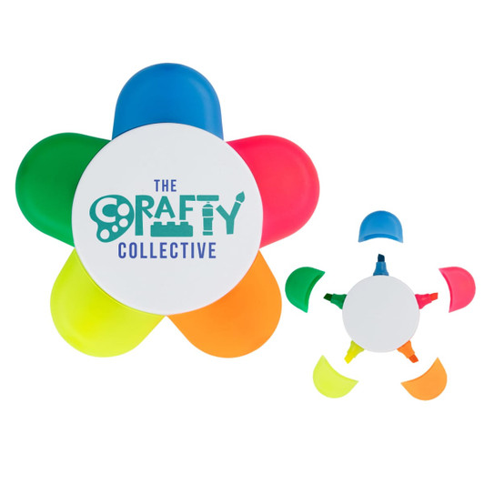 A flower-shaped highlighter set featuring four vibrant colours: green, pink, orange, and yellow, with a central branding logo.