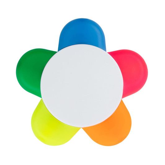 A flower-shaped highlighter featuring blue, green, pink, orange, and yellow sections around a central white body.