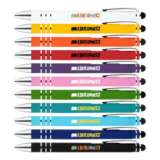 A collection of stylus pens in various colors, featuring a branding logo on each pen.
