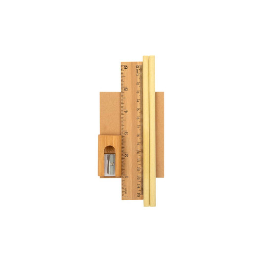 A stationery set featuring a wooden ruler, two pencils, and a pencil sharpener, all neatly arranged.