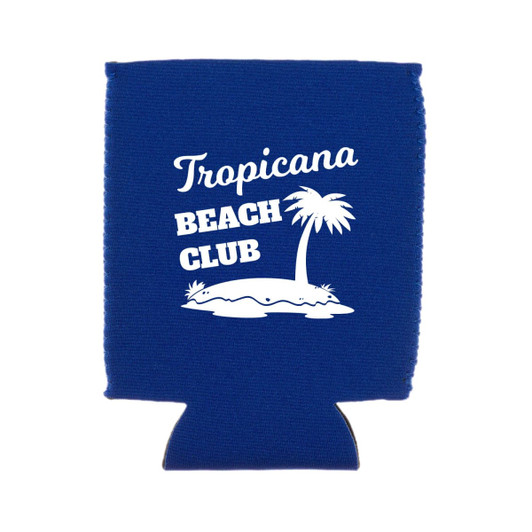 A blue stubby holder featuring a palm tree design and a logo. Ideal for keeping drinks cool.