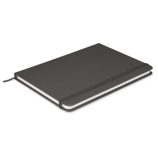 A notebook with a sleek dark cover, featuring an elastic band closure and blank inner pages.