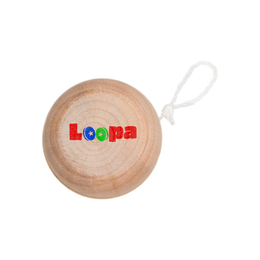 A wooden yo-yo with a natural finish and a colourful logo featuring the word "Loopa."