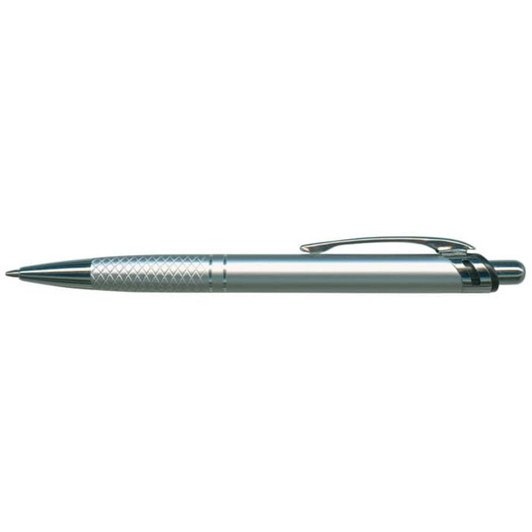 A metal pen with a sleek silver design and a textured grip.