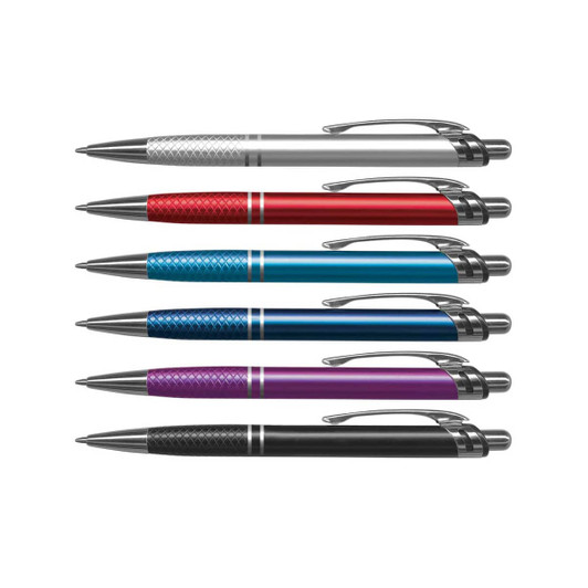 A collection of six metal pens in silver, red, blue, purple, and black, featuring different textures and a logo.