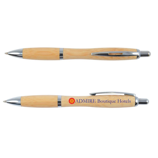A bamboo pen featuring a sleek design with silver accents and a printed logo for "ADMIRE Boutique Hotels."