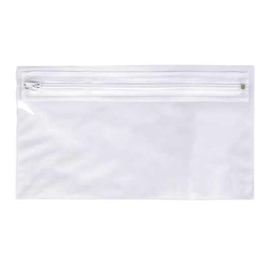 A transparent pencil case featuring a zippered top closure, suitable for office and business use.