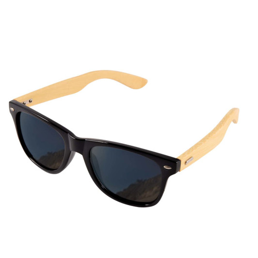 Bamboo sunglasses with black frames and bamboo arms, featuring dark lenses.