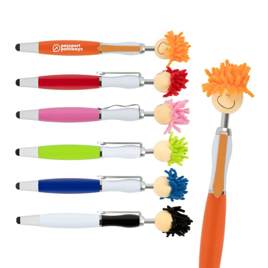 A set of stylus pens in various colours, featuring playful mop-top heads with yarn hair and smiley faces.