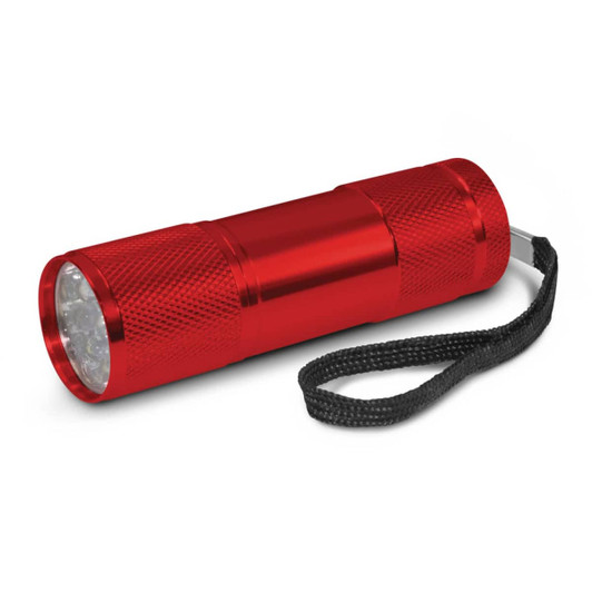 A compact red torch with a textured body and a wrist strap, featuring multiple LED lights at the front.