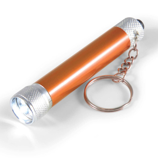An orange Orion Torch with a silver keychain attachment and a bright LED light at one end.