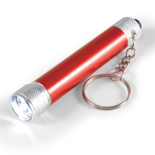 A red Orion Torch with a keychain attachment, featuring a metallic silver end where the light emits.