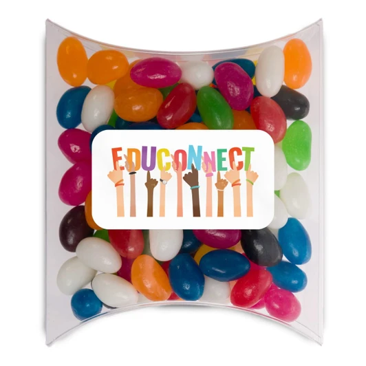 Assorted mini jelly beans in various colours, packaged in a clear pillow pack with a logo.