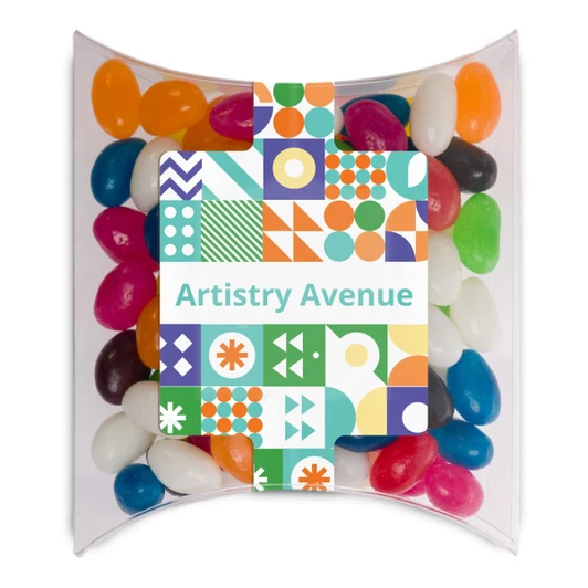 Assorted mini jelly beans in various colours, packed in a clear pillow pack with a colourful design on the front.