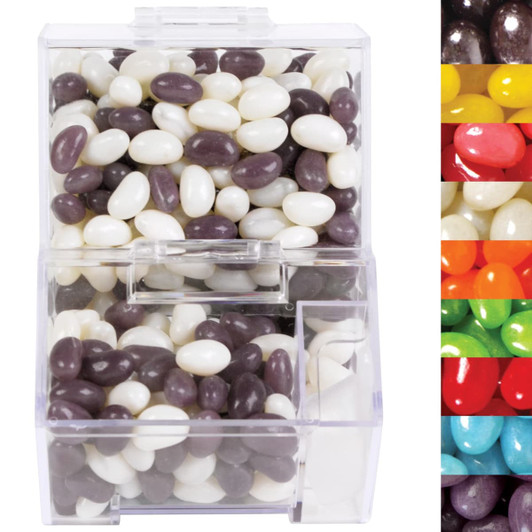 A dispenser filled with purple and white mini jelly beans in various colors, featuring a clear branding logo.