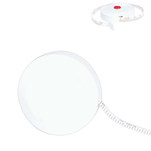 A white round tape measure with a red button and retractable measuring tape. It features a branding logo.