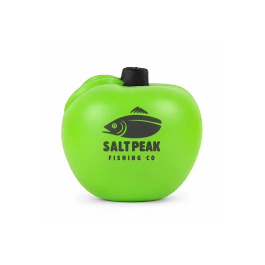 A green apple-shaped stress reliever with a logo on the front, resembling a fishing company branding.
