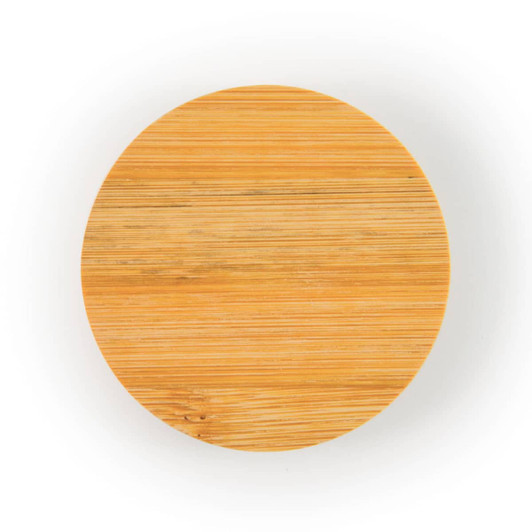 A round bamboo coaster with a smooth finish, suitable for placing drinks or using as a bottle opener.