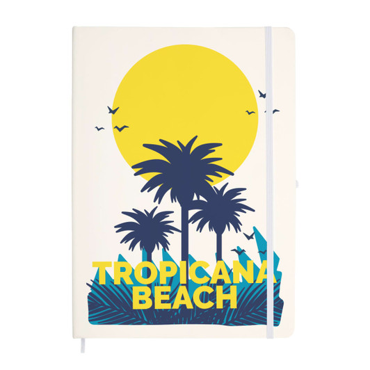 A white A4 notebook featuring a colorful tropical beach design with palm trees and a sun illustration. It includes a logo.