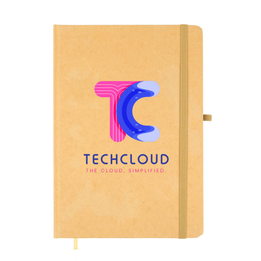 A brown A5 notebook with an elastic band closure and a colorful logo on the cover.