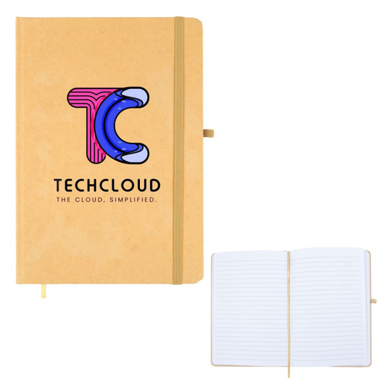 A brown A5 notebook with a textured cover and a logo, featuring blank lined pages inside.
