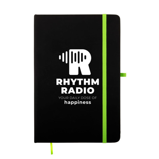 A black A5 notebook with a green elastic band and a logo on the cover.