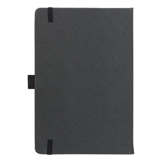 A recycled leather notebook with a hard cover, featuring a sleek dark exterior and elastic band closures.