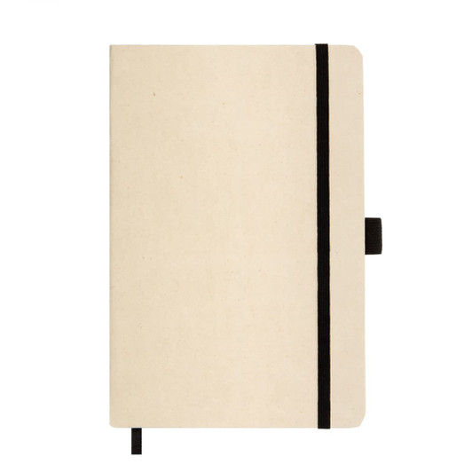A beige A5 notebook with a black elastic band and ribbon bookmark, featuring a logo on the cover.