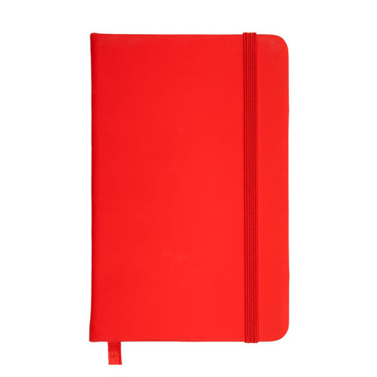 A vibrant red pocket notebook with an elastic band closure and a ribbon bookmark.