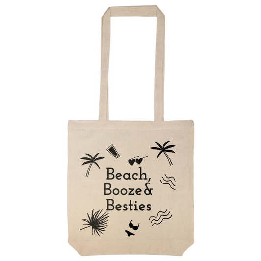 A beige tote bag with a long handle featuring palm trees and playful icons, showcasing a logo.