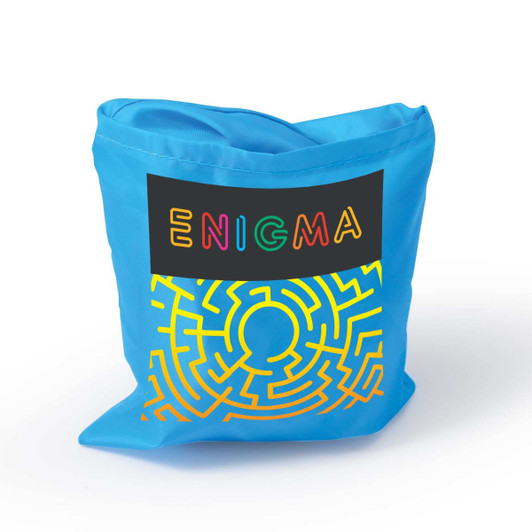 A reusable grocery bag in bright blue featuring a colorful logo and maze design.