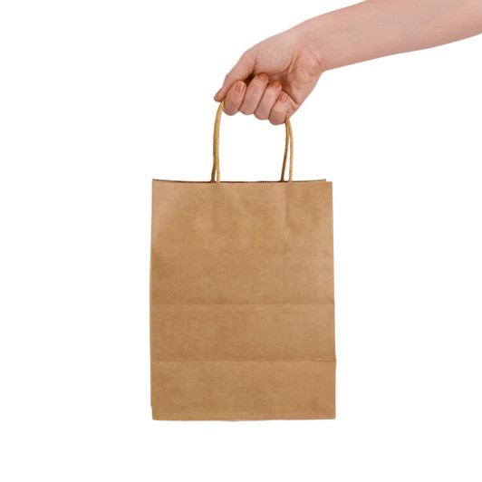 A medium brown paper bag with twine handles held by a hand. The bag has a simple design and no visible logos.
