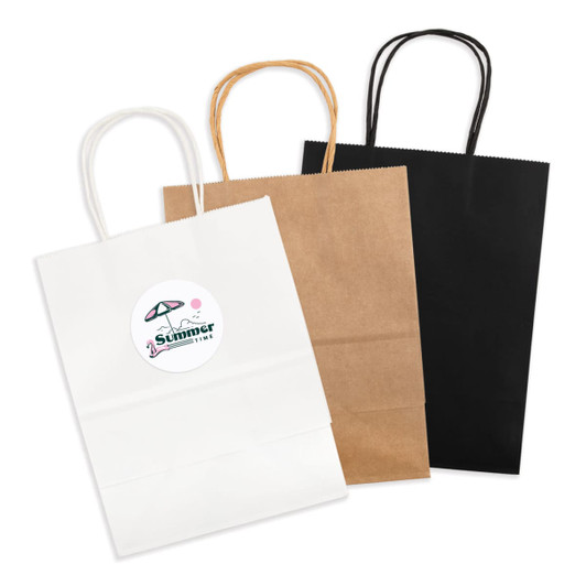A set of medium paper bags in white, brown, and black, each with handles and a logo.