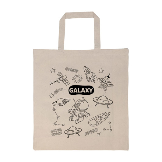 A beige calico bag featuring a space-themed design with illustrations of rockets, planets, and stars. It has two handles.